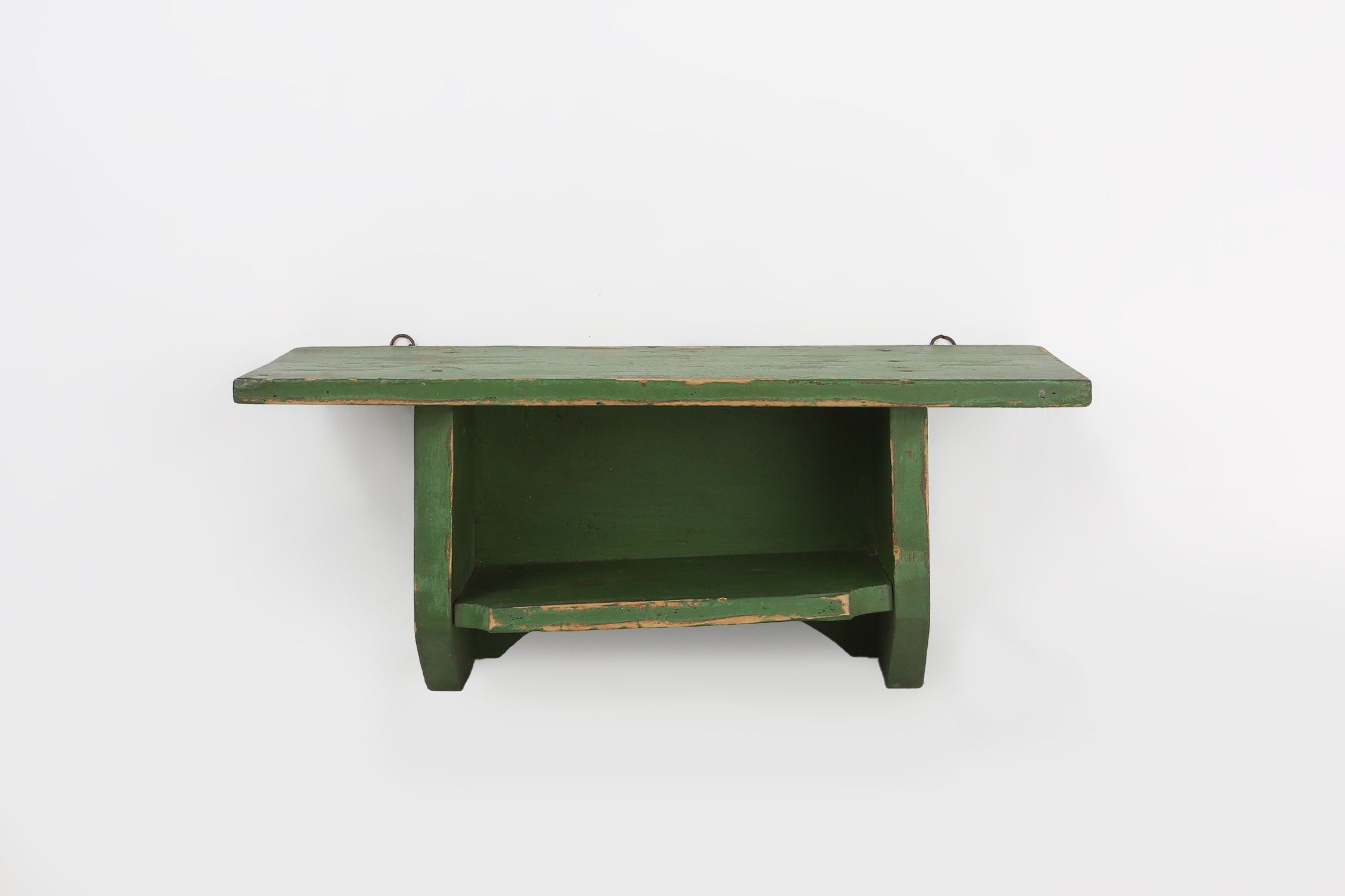 Small Rustic Green Wooden Wall Unit with 2 Shelves, France, 1880sthumbnail